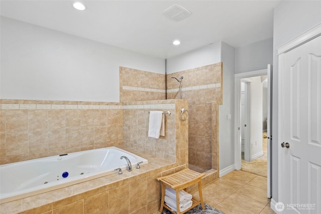 7322 NE Blue Goose Rd, Moses Lake, WA 98837 - bathroom featuring a tile shower, a tub with jets, tile patterned floors, and recessed lighting