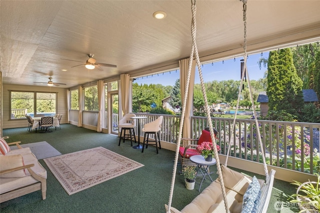 7322 NE Blue Goose Rd, Moses Lake, WA 98837 - sunroom with carpet floors, ceiling fan, outdoor dining space, and recessed lighting