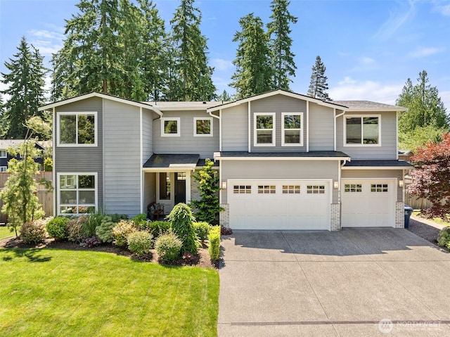 8704 188th St SW, Edmonds, WA 98026 - view of front of house featuring driveway, a garage, brick siding, a front yard, and a shingled roof