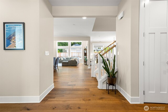8704 188th St SW, Edmonds, WA 98026 - hall featuring stairway, wood finished floors, and recessed lighting