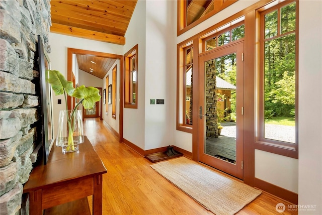 36915 NE 98th St, Carnation, WA 98014 - foyer with wood ceiling, lofted ceiling, and light wood-type flooring