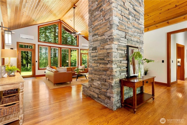 36915 NE 98th St, Carnation, WA 98014 - living room with wooden ceiling, high vaulted ceiling, plenty of natural light, light wood-type flooring, and a ceiling fan