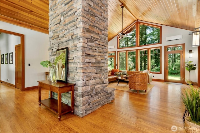 36915 NE 98th St, Carnation, WA 98014 - living area with wood ceiling, an AC wall unit, light wood-style floors, high vaulted ceiling, and a ceiling fan