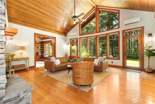36915 NE 98th St, Carnation, WA 98014 - living room with an AC wall unit, wood ceiling, high vaulted ceiling, healthy amount of natural light, and ceiling fan