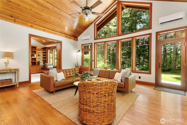 36915 NE 98th St, Carnation, WA 98014 - living area with a wall mounted air conditioner, plenty of natural light, high vaulted ceiling, light wood-style floors, and wooden ceiling
