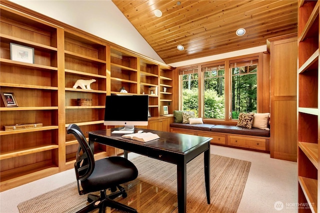 36915 NE 98th St, Carnation, WA 98014 - office area featuring lofted ceiling, wooden ceiling, recessed lighting, and light carpet