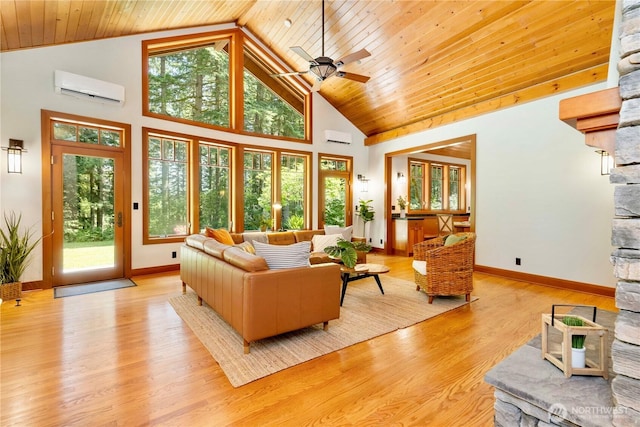 36915 NE 98th St, Carnation, WA 98014 - living area featuring a wall unit AC, wood ceiling, high vaulted ceiling, a ceiling fan, and light wood finished floors