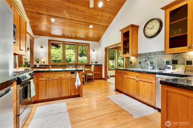 36915 NE 98th St, Carnation, WA 98014 - kitchen featuring appliances with stainless steel finishes, wooden ceiling, light wood-style flooring, lofted ceiling, and tasteful backsplash