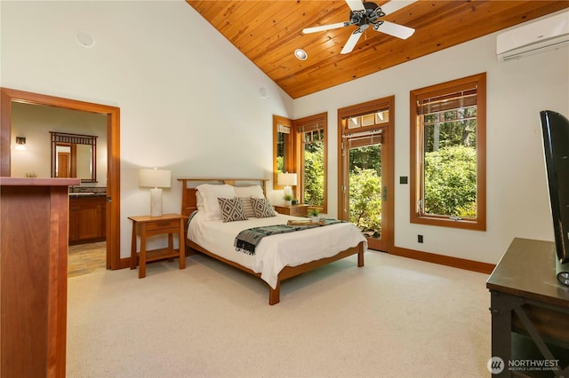 36915 NE 98th St, Carnation, WA 98014 - bedroom featuring a wall unit AC, wood ceiling, light colored carpet, access to outside, and a ceiling fan