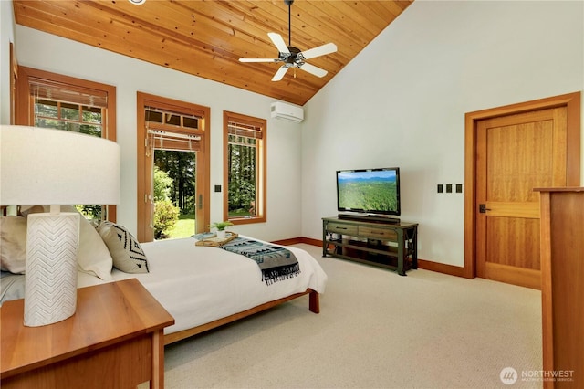 36915 NE 98th St, Carnation, WA 98014 - bedroom with lofted ceiling, wooden ceiling, multiple windows, access to outside, and an AC wall unit
