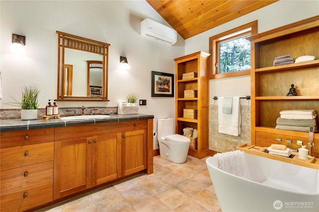 36915 NE 98th St, Carnation, WA 98014 - full bath with a wall unit AC, vaulted ceiling, vanity, wood ceiling, and a freestanding bath