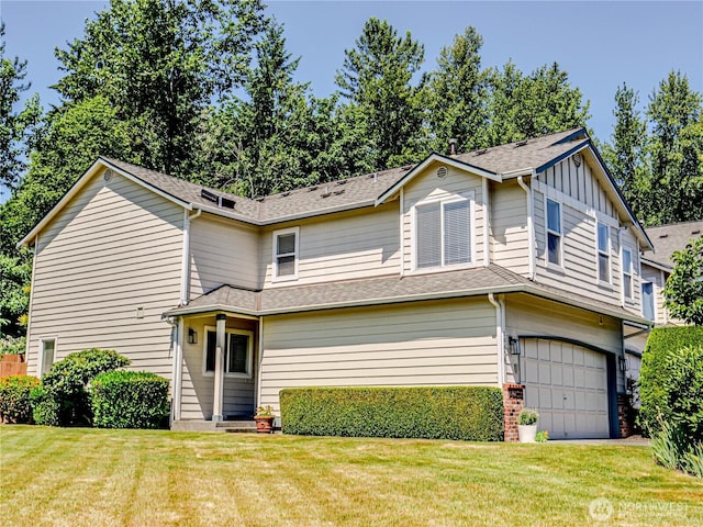 18808 19th Dr SE, Bothell, WA 98012 - view of front facade with a front yard, a garage, board and batten siding, and a shingled roof
