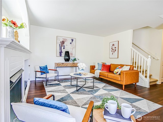 18808 19th Dr SE, Bothell, WA 98012 - living room featuring wood finished floors, stairway, and a fireplace