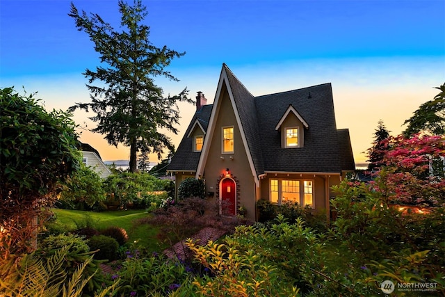 251 N Garden St, Bellingham, WA 98225 - view of front of property with a chimney, roof with shingles, and stucco siding