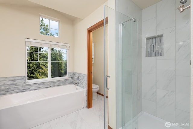 3706 54th St E, Tacoma, WA 98443 - bathroom featuring a shower stall, a bath, and marble finish flooring
