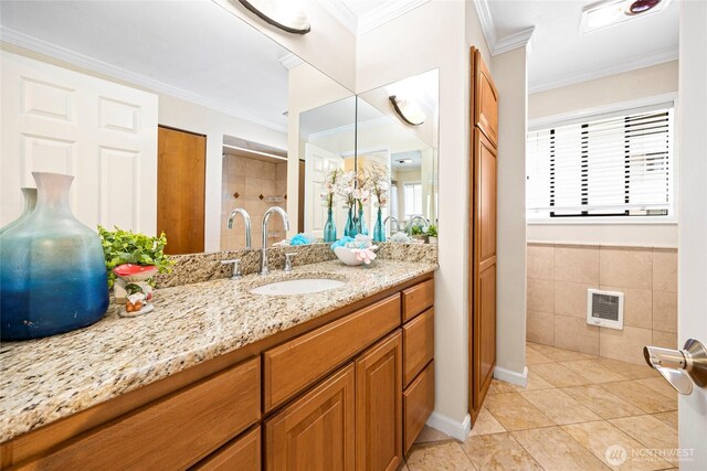 826 Lake St S, Kirkland, WA 98033 - bathroom featuring vanity, crown molding, tile patterned floors, a shower, and heating unit
