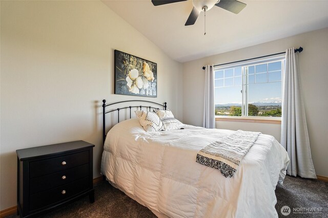 3031 Belmonte Ln, Everett, WA 98201 - bedroom with dark carpet, lofted ceiling, and ceiling fan