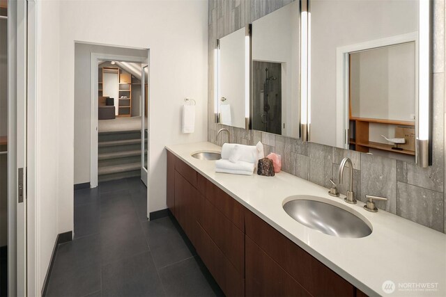 2819 E Lake Sammamish Pkwy NE, Sammamish, WA 98074 - full bath with decorative backsplash, double vanity, tile patterned flooring, and a walk in closet
