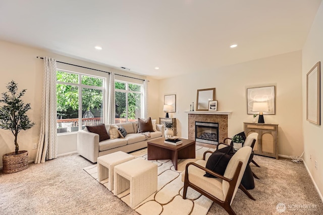 4015 134th Pl SE, Mill Creek, WA 98012 - living room featuring light carpet, a fireplace, and recessed lighting