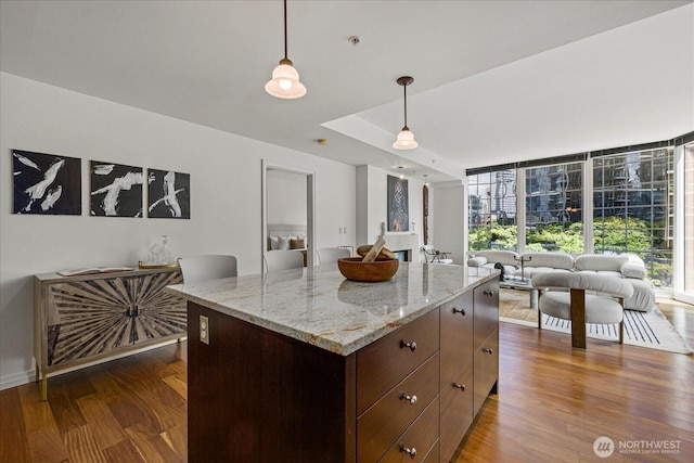 10700 NE 4th St Unit 712, Bellevue, WA 98004 - kitchen with open floor plan, dark wood finished floors, hanging light fixtures, and light stone countertops