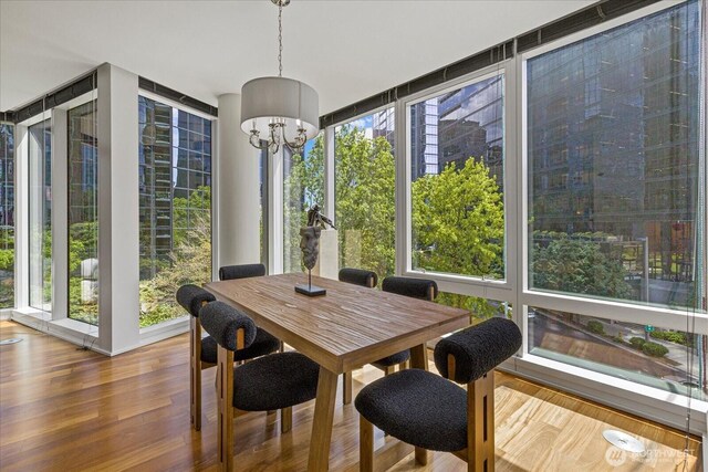 10700 NE 4th St Unit 712, Bellevue, WA 98004 - dining space featuring expansive windows, plenty of natural light, a chandelier, and wood finished floors