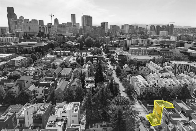 1100 14th Ave, Seattle, WA 98122 - aerial view of property's location with skyline and property parcel outlined
