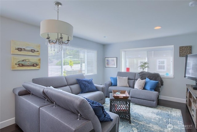 2067 Gilman Dr W, Seattle, WA 98119 - living room with dark wood-style flooring, a chandelier, and recessed lighting