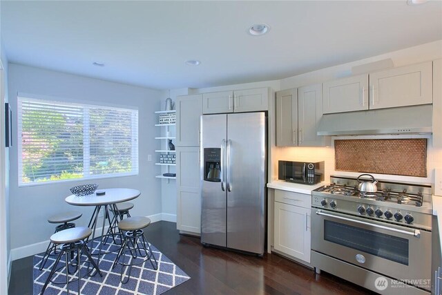 2067 Gilman Dr W, Seattle, WA 98119 - kitchen featuring appliances with stainless steel finishes, under cabinet range hood, dark wood finished floors, light countertops, and recessed lighting