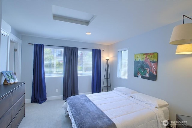 2067 Gilman Dr W, Seattle, WA 98119 - bedroom featuring attic access, a wall mounted AC, carpet floors, and recessed lighting