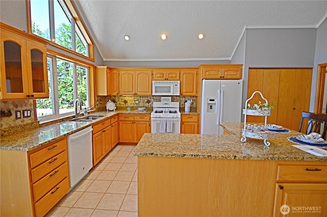 1923 SE Maple Dr, Chehalis, WA 98532 - kitchen with white appliances, light tile patterned floors, backsplash, light stone countertops, and crown molding