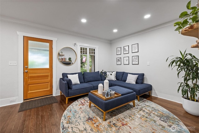 8213 S Fawcett Ave, Tacoma, WA 98408 - living area featuring dark wood-style floors, crown molding, and recessed lighting