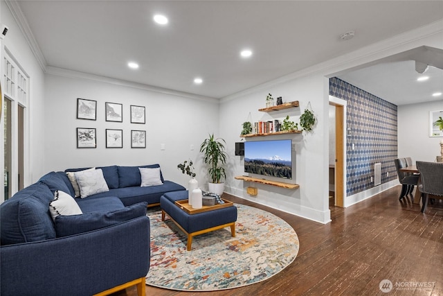 8213 S Fawcett Ave, Tacoma, WA 98408 - living area with hardwood / wood-style floors, recessed lighting, and ornamental molding