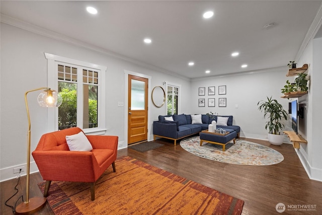 8213 S Fawcett Ave, Tacoma, WA 98408 - living area with ornamental molding, wood finished floors, and recessed lighting