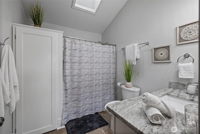 8213 S Fawcett Ave, Tacoma, WA 98408 - full bath with a skylight, vaulted ceiling, vanity, and a shower with curtain