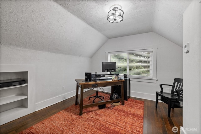 8213 S Fawcett Ave, Tacoma, WA 98408 - office area featuring a textured ceiling, wood finished floors, and vaulted ceiling