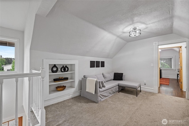8213 S Fawcett Ave, Tacoma, WA 98408 - living area featuring a textured ceiling, lofted ceiling, built in features, carpet floors, and healthy amount of natural light