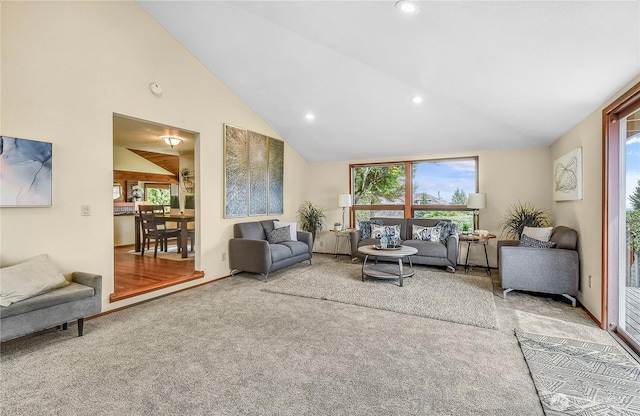 16901 SE 45th St, Bellevue, WA 98006 - living room featuring carpet, recessed lighting, and high vaulted ceiling