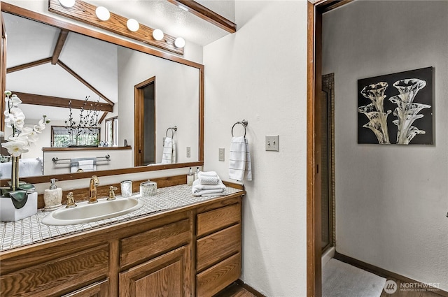 16901 SE 45th St, Bellevue, WA 98006 - full bath featuring vanity, an enclosed shower, and lofted ceiling