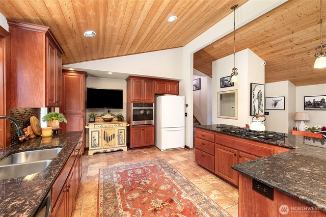 13605 SE 233rd St, Kent, WA 98042 - kitchen featuring freestanding refrigerator, gas cooktop, stainless steel oven, wood ceiling, and recessed lighting