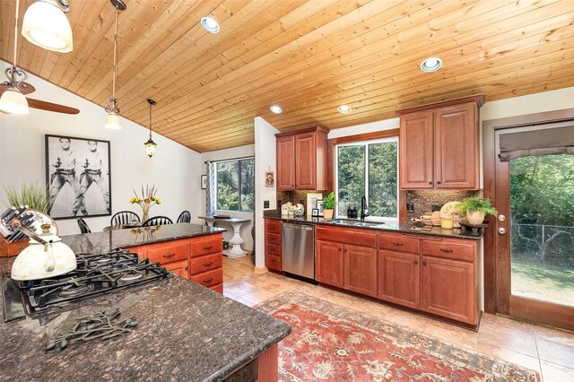 13605 SE 233rd St, Kent, WA 98042 - kitchen with dishwasher, wood ceiling, vaulted ceiling, black gas cooktop, and backsplash