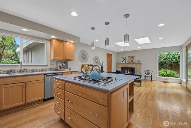 6520 NE 60th St, Seattle, WA 98115 - kitchen featuring stainless steel appliances, a skylight, plenty of natural light, a fireplace, and recessed lighting