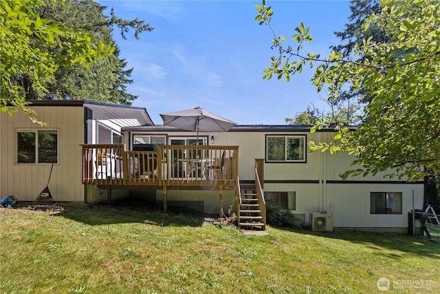 1216 NE Vena Ave, Bremerton, WA 98311 - back of property featuring a wooden deck, stairway, and a yard
