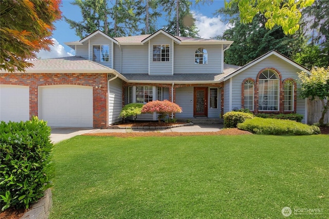 6314 75th Avenue Ct W, University Place, WA 98467 - traditional-style home with a front lawn, a garage, roof with shingles, driveway, and brick siding
