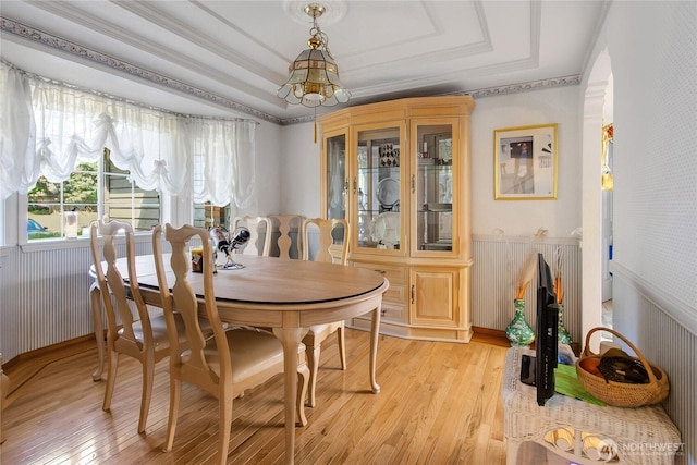 6314 75th Avenue Ct W, University Place, WA 98467 - dining area with a raised ceiling, light wood finished floors, a chandelier, and a wainscoted wall