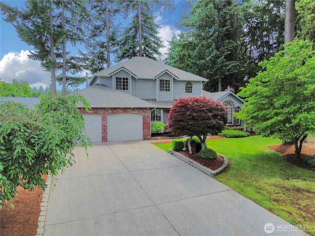 6314 75th Avenue Ct W, University Place, WA 98467 - traditional-style house with driveway, a garage, a front lawn, and brick siding