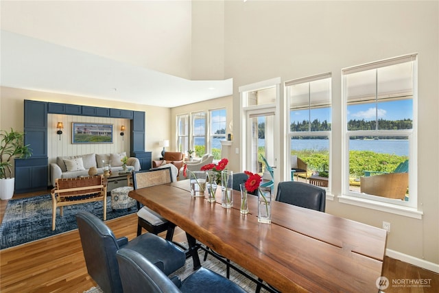 32 Heron Rd, Port Ludlow, WA 98365 - dining space with wood finished floors, a water view, and a high ceiling