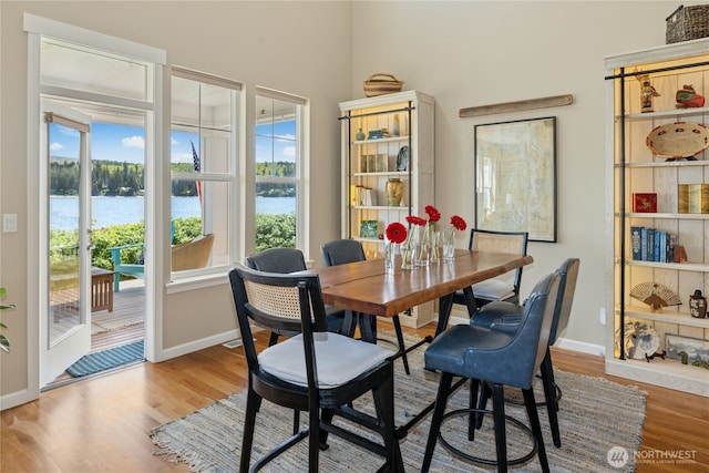 32 Heron Rd, Port Ludlow, WA 98365 - dining room featuring wood finished floors and a water view
