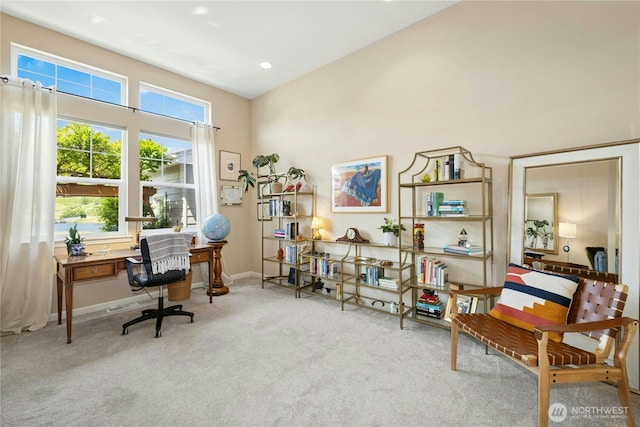 32 Heron Rd, Port Ludlow, WA 98365 - carpeted office space featuring baseboards and a high ceiling