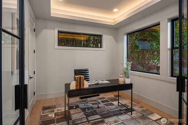 10425 NE 28th Pl, Bellevue, WA 98004 - office space with light wood-style floors, healthy amount of natural light, a raised ceiling, and recessed lighting
