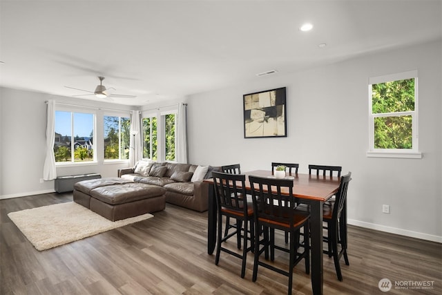 27156 NE Walden Way, Duvall, WA 98019 - dining space with healthy amount of natural light, a ceiling fan, dark wood-type flooring, and recessed lighting